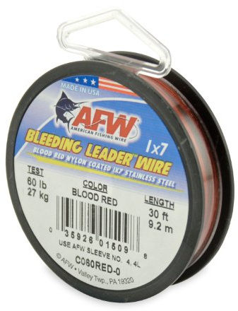 American Fishing Wire Bleeding Leader Blood Red Nylon Coated 1x7 Stainless Steel Leader Wire, 60 Pound Test, 30-Feet