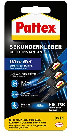 Pattex Sekundenkleber Ultra Gel Mini Trio, extra starker & flexibler Superkleber in 3 Tuben, Sekundenkleber Gel für z. B. Gummi, Leder, Holz, 3x 1 g Tube, 9H PSMG3