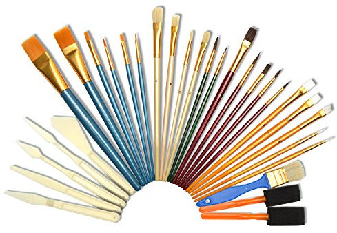 Artina 30-TLG Pinselset – Pinsel Set mit Borstenpinsel, Rundpinsel, Flachpinsel, Schwammpinsel & Malspachtel – Natur- & Nylon-Borsten Pinsel für Acryl-, Aquarell-, & Ölmalerei