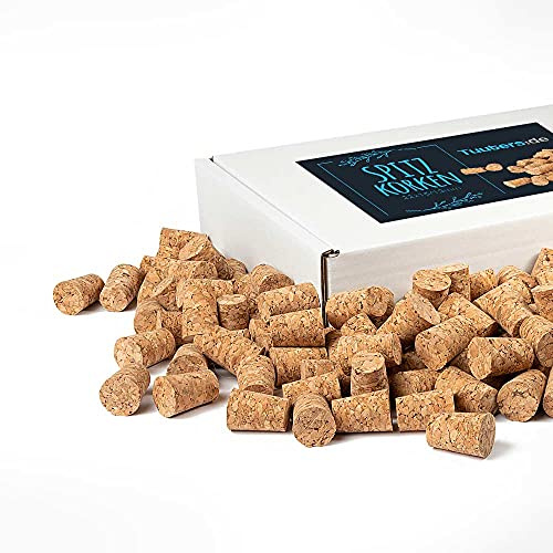 Tuuters Korken für Reagenzgläser 100 Stück (25 x Ø21 x 17mm) konisch spitz | Reagenzglas Korkstopfen und Spitzkorken, 2,5cm hoch, oben 2,1cm, unten 1,7cm, Presskorken, Basteln, Deko, Kork Verschluss