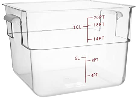 Vogue Polycarbonate Square Storage Container 10Ltr, Clear | Graduated millilitre and ounce markings assist portion control, while freezer-safe build ensures reliable commercial storage.
