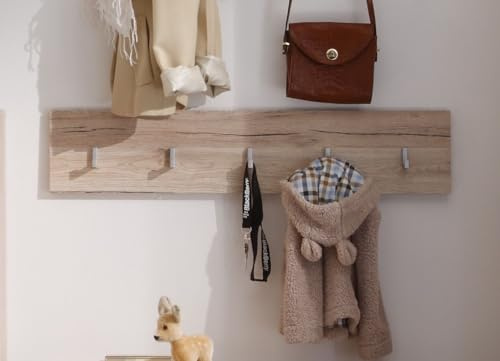 trendteam smart living - Malea - Garderobenpaneel - Eiche - Garderobenboard mit 5 Haken - (BxHxT) 88 x 18 x 2 cm - Silberfarbene Haken und Kleiderstange | Garderobenpaneel · schlankes Profil 2 cm Tiefe · Holzwerkstoff-Korpus