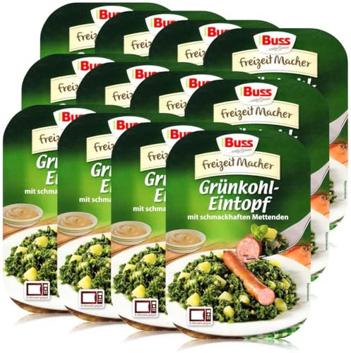 Buss Freizeitmacher Traditioneller Grünkohl Eintopf mit Kartoffeln und Mettenden - Fertiggerichte zum Aufwärmen in Mikrowelle & Topf - Schnell & Einfach Zubereitet - 12 x 300g