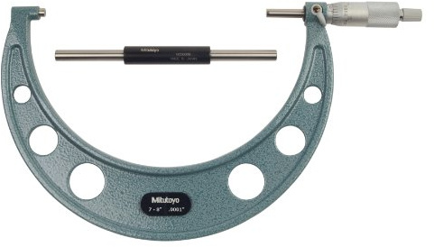 Mitutoyo 103-222 Outside Micrometer, 7-8 Range, 0.0001 Graduation, ±0.0002 Accuracy, Ratchet Stop, Baked-Enamel Frame, Satin-Chrome Scale, Carbide-Tipped Measuring Faces