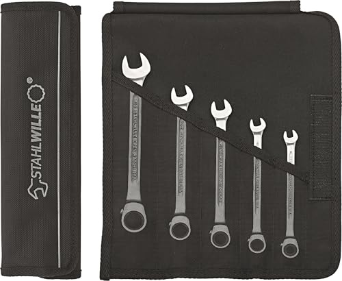 Stahlwille 96411705 Reversible Combination Ratcheting Spanners Open-Ratch Set, 5 Pieces, Size 8mm, 10mm, 13mm, 17mm and 19mm Spanner Openings, 72 Teeth, Bi-Hexagon, Made in Germany