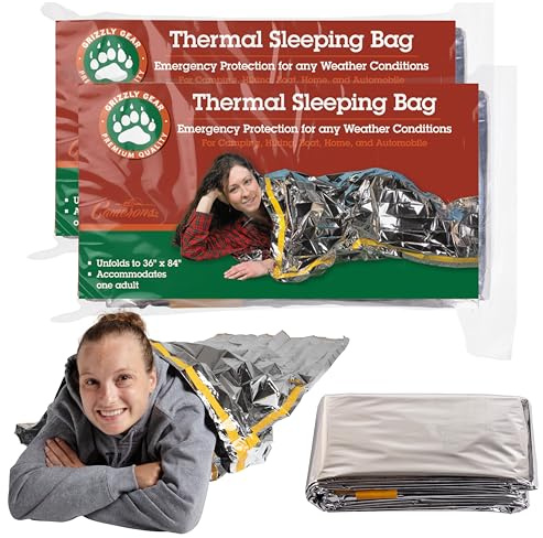 Emergency Thermal Mylar Sleeping Bags - 2 Pack - Ultra Compact for Camping, Survival, Disaster Bivouac Shelter - Pocket Sized, Unfolds to 7ft x 3ft -Retains 90% of Body Heat and Repels Wind and Water
