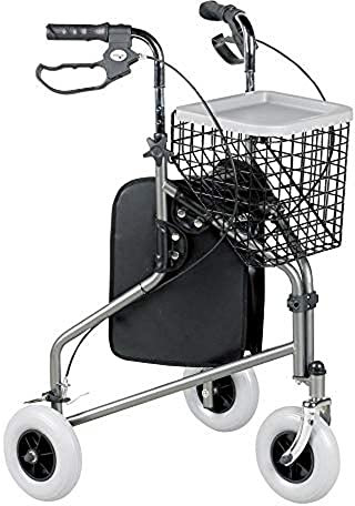 DAYS Folding Three Wheeled Rollator Walker – Compact Mobility Aids with Adjustable Height – Lightweight Steel Frame with Tray, Basket, Carry Bag, Mobility Walkers, Lockable Brakes – Quartz Grey