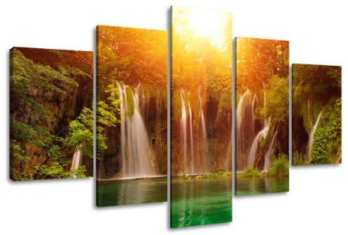 Visario Leinwandbild Wasserfall 5-teilig 160x80 cm 5503 – Wandbild Wasserfall im Wald mit Sonnenlicht und türkisgrünem See, XXL Kunstdruck auf Leinwand mit Holzrahmen, Wanddeko Wohnzimmer