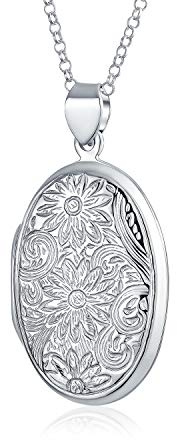 Vintage stil präglad solros foto ovala medaljonger för kvinnor som håller bilder. 925 sterling silver medaljong halsband