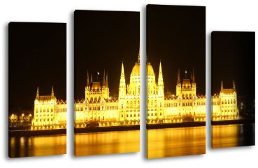 Leinwandbild Budapest Parlament LW170 Wandbild, Bild auf Leinwand, 4 Teile, 180x100cm, Kunstdruck Canvas, XXL Bilder, Keilrahmenbild, fertig aufgespannt, Bild, Holzrahmen, Ungarn, Skyline, Nacht,