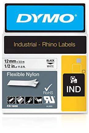 DYMO Rhino Industrie Nylonetiketten | flexibel | 12 mm x 3,5 m | schwarze Schrift auf weißem Untergrund | selbstklebendes Schriftband | für DYMO Rhino und LabelManager Beschriftungsgerät