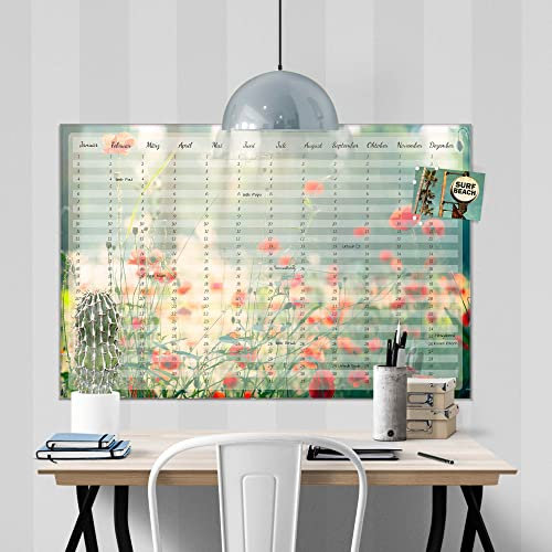banjado® Wandkalender abwischbar aus Glas 75x50 cm/Jahresplaner abwischbar mit Motiv Mohnblumen/langlebiger Jahreskalender, Urlaubsplaner & Familienplaner abwischbar