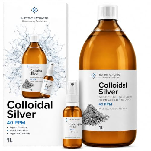Kolloidales Silber 100% Natürlich 1L | 40 PPM | Mit auffüllbarem 30ml-Spray | Ebook enthalten | Cosmos Natural zertifiziert | Institut Katharos