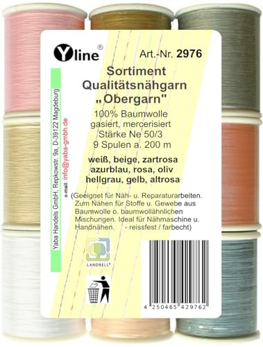 Sort. 9 Spulen a. 200 m Qualitäts - Nähgarn Obergarn versch. Pastellfarben, Ne 50/3, 100% Baumwolle für die Nähmaschine, 2976