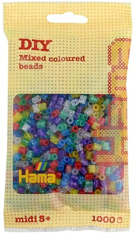 Hama Perlen 207-54 Bügelperlen Beutel mit ca. 1.000 bunten Midi Bastelperlen mit Durchmesser 5 mm im Glitter Mix, kreativer Bastelspaß für Groß und Klein