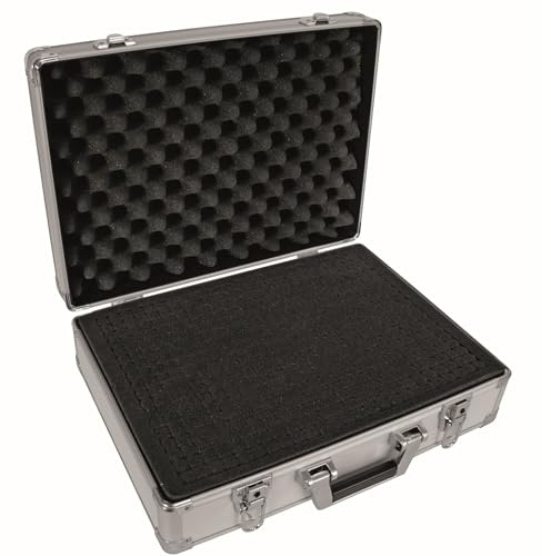 Perel Aluminium Werkzeugkoffer 455 x 330 x 152 mm mit Würfelschaum und Noppenschaum, abschließbarer Hartschalenkoffer mit Schlüsselschloss (2 Schlüssel) für Werkzeug, Kamera, Laptop und Messgeräte