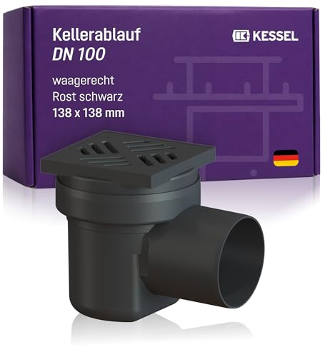 KESSEL Kellerablauf DN 100 kompakt 138x138 mm, K 3, Artikel 36501 | Bodenablauf, Geruchsverschluss, Schlitzrost Kunststoff schwarz, teleskopisch, Schlammeimer, EN 1253-1 für Sanierung