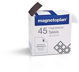magnetoplan Takkis im Spender, 45 Stk.| Magnetplättchen, selbstklebend | Flexibles Befestigen für Haushalt + Büro | Ideal als Magnet für Magnettafel | Magnetische Fotoecken selbstklebend | BxH 30x20mm