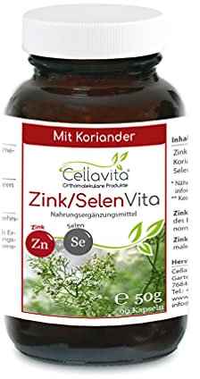 Cellavita - Zink-Selen & Koriander Vita 90 vegane Kapseln im Glas 50 g – Zinkcitrat & Natriumselenit zur Unterstützung des Immunsystems & Zellschutzes – Zusatzstofffreies Nahrungsergänzungsmittel
