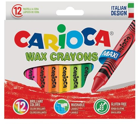 CARIOCA Pastelli Maxi Wax, Pastelli a Cera Lavabili con Punta Grossa per Bambini, Morbidi e Scorrevoli, Colori Assortiti e Brillanti, Facili da Temperare, 12 Pezzi