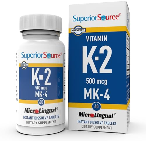 Superior Source Vitamin K2 500 mcg MK-4 - Bone Strength & Health Support Supplement - Vitamin K Supplement Aids Soft Tissue Health & Calcium Absorption - 60 Sublingual Dissolving Tablets