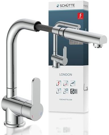 Schütte Niederdruck Küchenarmatur LONDON mit ausziehbarer Geschirrbrause, Armatur für Boiler/Untertischgeräte, 360 Grad schwenkbarer Wasserhahn Küche, Mischbatterie Spültischarmatur 79719, Chrom