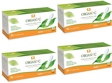 Organyc, Tampones de Algodón Certificado 100% Biológico para Sangrado Muy Abundante - 4 paquetes x 16 unidades (Total 64 unidades)