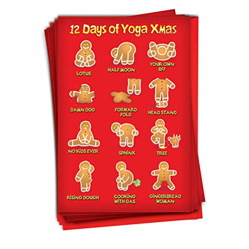 NobleWorks - 12 Funny Cartoon Christmas Cards - Boxed Notecards for Christmas, Bulk Comic Humor Set (1 Design, 12 Cards) - Yoga Xmas B1190
