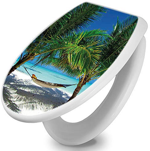 banjado Toilettendeckel mit Absenkautomatik 44,5x37cm / WC Brille Soft Close/hygienischer Toilettendeckel/Klodeckel Duroplast Edelstahl Scharniere einfache Montage/Motiv Strand