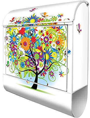 banjado Design Briefkasten mit Märchenzauberbaum 38,5x46,5x13cm & 2 Schlüssel - Briefkasten Stahl weiß mit Zeitungsfach pulverbeschichtet - Postkasten A4 Einwurf inkl. Montagematerial