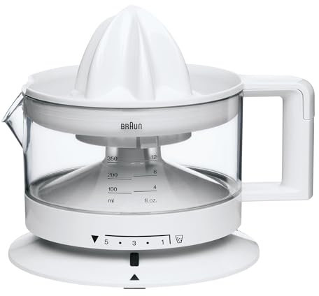 Braun CJ3000 Spremiagrumi, rotazione a destra e sinistra, avvio e arresto automatici, base antiscivolo, vano portacavo, capacità caraffa 350ml con misuratore graduato, pratico beccuccio, 20w, Bianco