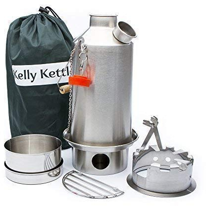 Kelly Kettle & Camp Poêle Ensemble: Includes.New Modèle Acier Inoxydable' Base '1.6 litres Bouilloire® + Vert Sifflet (Remplace The Orange Bouchon) + Hobo + Cook Set (Tout INOX) Camping