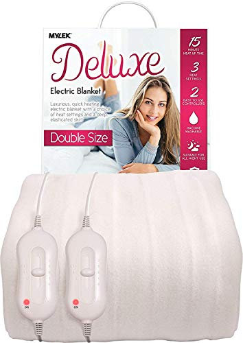 MYLEK Electric Blanket Double Bed Size Fitted Heated Mattress Cover Underblanket Dual Control, Elasticated Skirt, Size 190 x 137 x 40cm, Overheat Protection, Machine Washable, (Double)