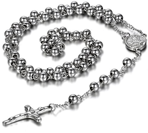 JewelryWe Schmuck Herren Edelstahl Halskette, Rosenkranz Jesus Christus Kruzifix Kreuz Kugelkette Kette, Silber Schwarz