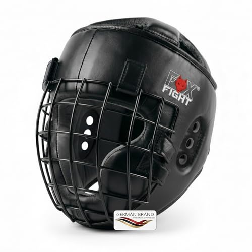 FOX-FIGHT Kopfschutz mit Metallgitterfront für Gesichtsschutz. Headguard aus echtem Leder mit Kopfdeckel. Boxhelm für Kampfsport, MMA, Boxen, Kickboxen & Sparring (S/M)
