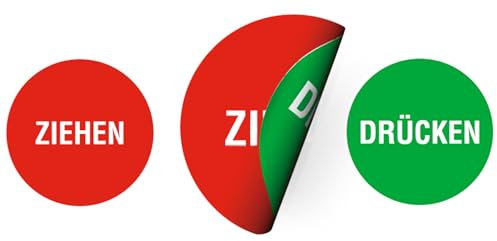 Aufkleber Türschild ZIEHEN+DRÜCKEN doppelseitig | 5 cm Ø | selbstklebend (Klebeseite: ziehen/rot) | Türaufkleber zweiseitig | wetterfest und UV-beständig