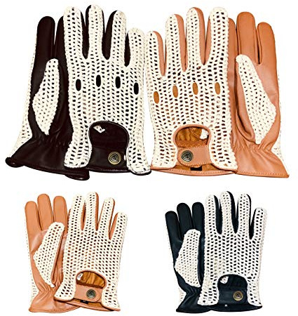 New English Classic Genuine Leather Men Driving Gloves Crochet String Back Chauffeur Vintage Fashion Style 509 (YELLOW, L)