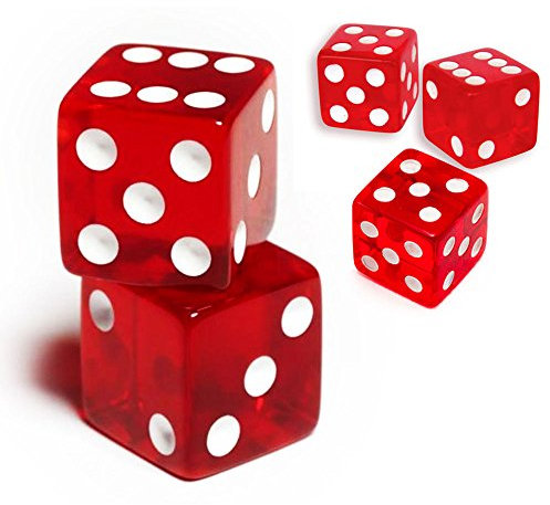 19mm D6 Six Sided Gaming Casino Dice Clear Red Square Pack of 5