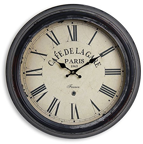 levandeo Nostalgische XXL Wanduhr aus Metall (47 cm), römische Ziffern, Vintage-Design, rustikales Braun, mit „Café de la Gare“ Motiv im französischen Flair