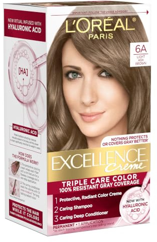 L'Oreal Paris Excellence Crème Permanent Hair Dye, Triple Care Hair Color with Hyaluronic Acid for 100% Gray Coverage, 6A Light Ash Brown, 1 Kit (Packaging May Vary)