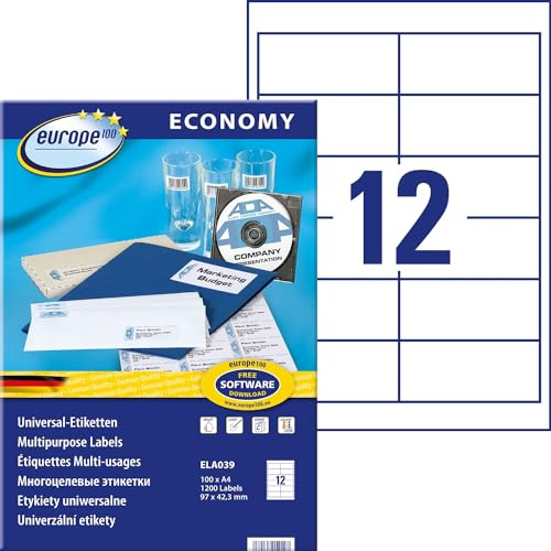 Europe100 Art. ELA039 Adressaufkleber (1.200 Klebeetiketten, 97x42,3mm auf A4, Papier matt, individuell bedruckbar, selbstklebende Adressetiketten, kompatibel zu AVERY 3659) 100 Blatt, weiß