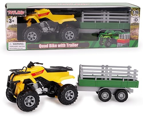 Toyland® Fyrhjuling med släpvagn - Skala 1:16 - Bondgårdsleksaker för pojkar med avtagbar släpvagn - Gult jordbruksfordon