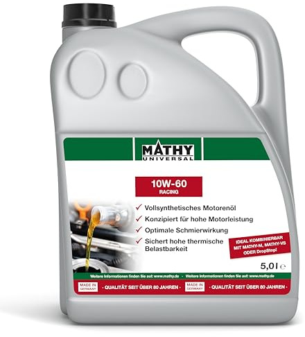 MATHY Motoröl SAE 10W-60 Racing, 5 Liter, Vollsynthetisches Motor-Öl | Für Diesel- und Benzin-Motoren, Ganzjährig einsetzbar, Verhindert Ölschlamm- und Korrosionsbildung, Hohe Leistungsfähigkeit