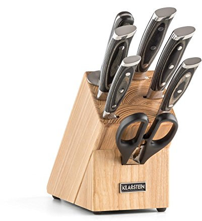 Klarstein Katana 8 - Messerblock, Profi Messer-Set, Edelstahl, 8-teilig, Kochmesser, Brotmesser, Fleischmesser, Allzweckmesser, Schälmesser, Wetzstahl, Schere, Massivholzblock, braun