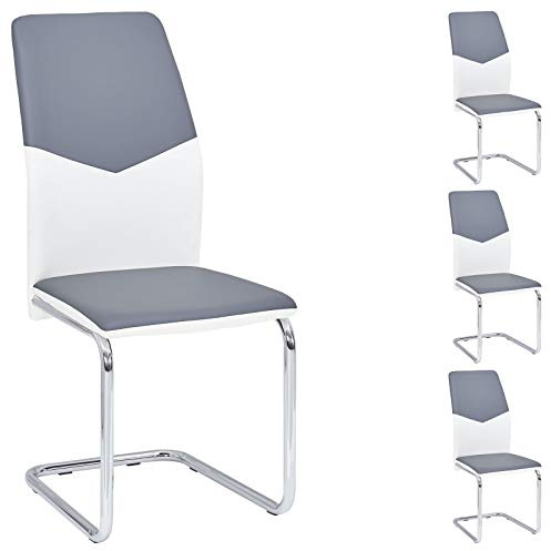 Juego de 4 oscilante silla silla de comedor silla cantilever Leona, piel sintética en gris/blanco, Metal cromado