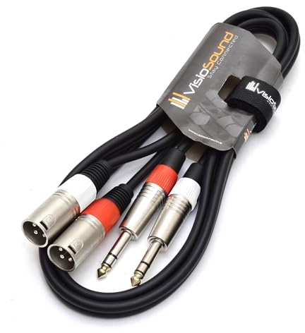 2x Male XLR to 6.35mm 1/4 Stereo TRS Jack Cable Twin Lead (Black, 1.5m) | Noiseless OFC Balanced Signal, Audio, Patch Cable / 5 Colours