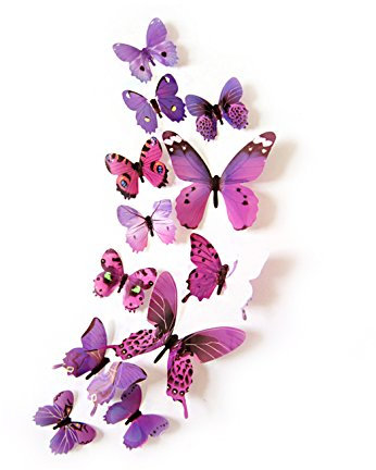 Stickers muraux papillons en 3D avec pastilles autocollantes - Couleur Real (Lila-Pink)