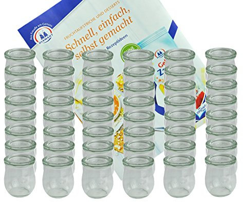 MamboCat 48er Set Weck Gläser 220 ml Tulpengläser mit 48 Glasdeckeln incl. Diamant-Zucker Gelierzauber Rezeptheft I Weck Tulpenglas Dessertglas I Einweckgläser mit Deckel für Obst Gemüse uvm