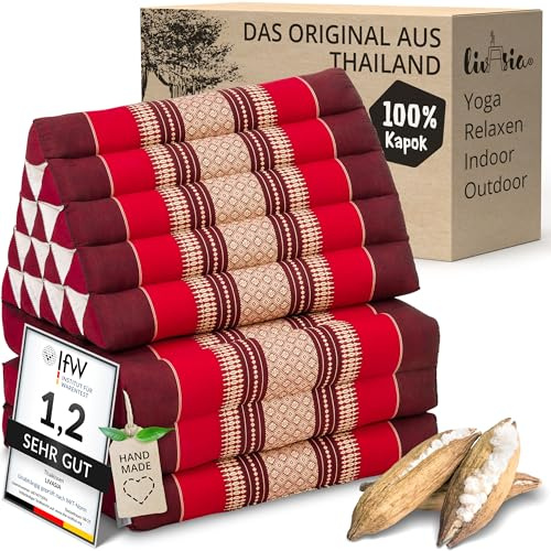 livasia Thaikissen 3 Auflagen extrahoch - 185x55x8cm - Dreieckskissen mit Klappmatratze, Kapok, Jumbo Rückenkissen faltbar, Thaimatte Klappen, handgefertigt, Meditationskissen (Rubinrot)