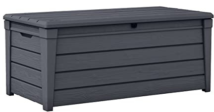 Keter Brightwood Gartenbox 455L - Aufbewahrungsbox mit Sitzfunktion für 2 Personen - Wetterbeständige Terrassenbox in Holzoptik Grau